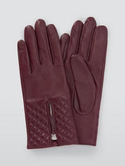 John Lewis Quilted Leather Zip Gloves, Claret