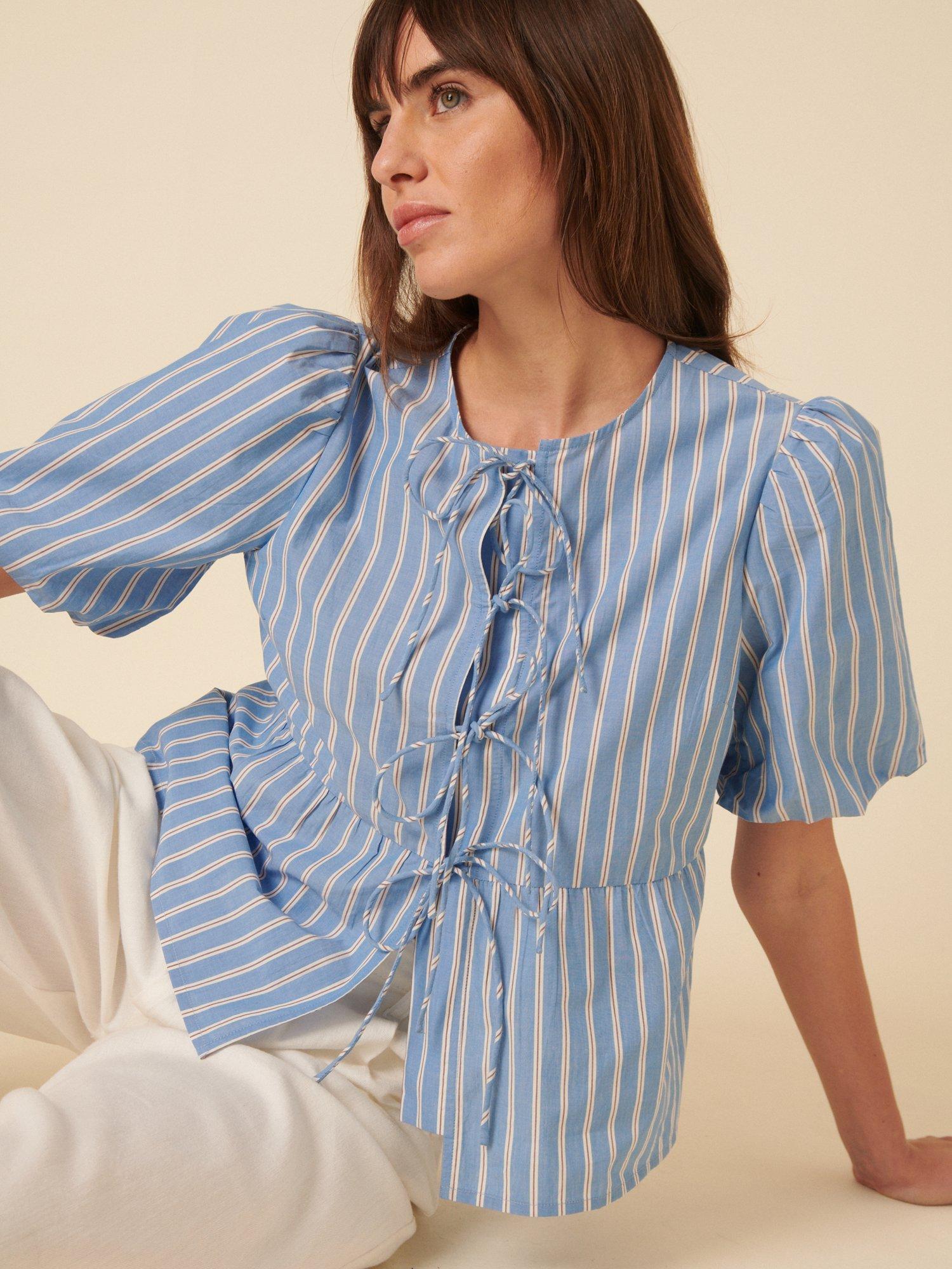 Product image 1 of 4, which shows Nobody's Child Bernice Stripe Pure Organic Cotton Tie Front Top, Blue/Multi, 8