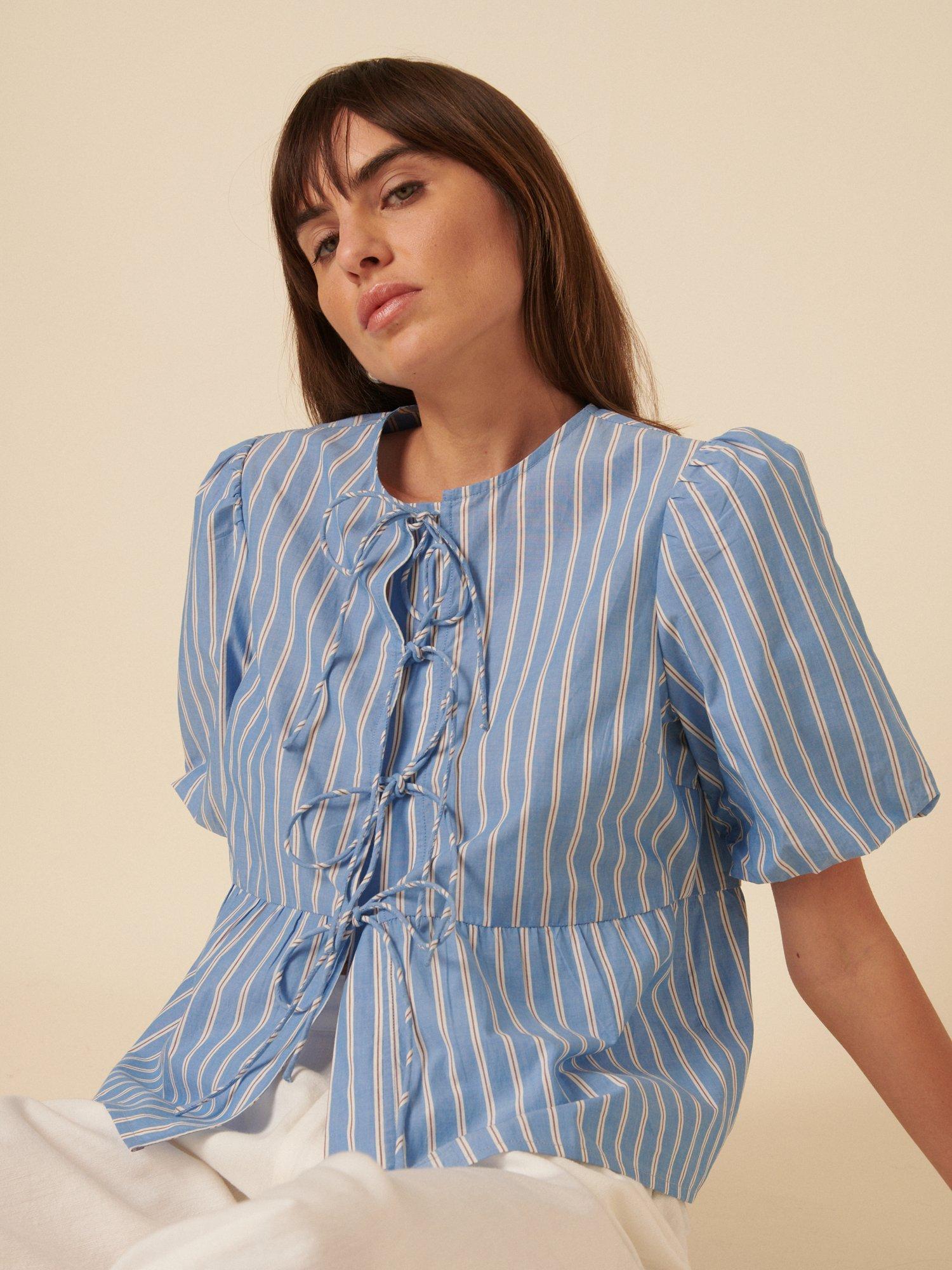 Product image 2 of 4, which shows Nobody's Child Bernice Stripe Pure Organic Cotton Tie Front Top, Blue/Multi, 8