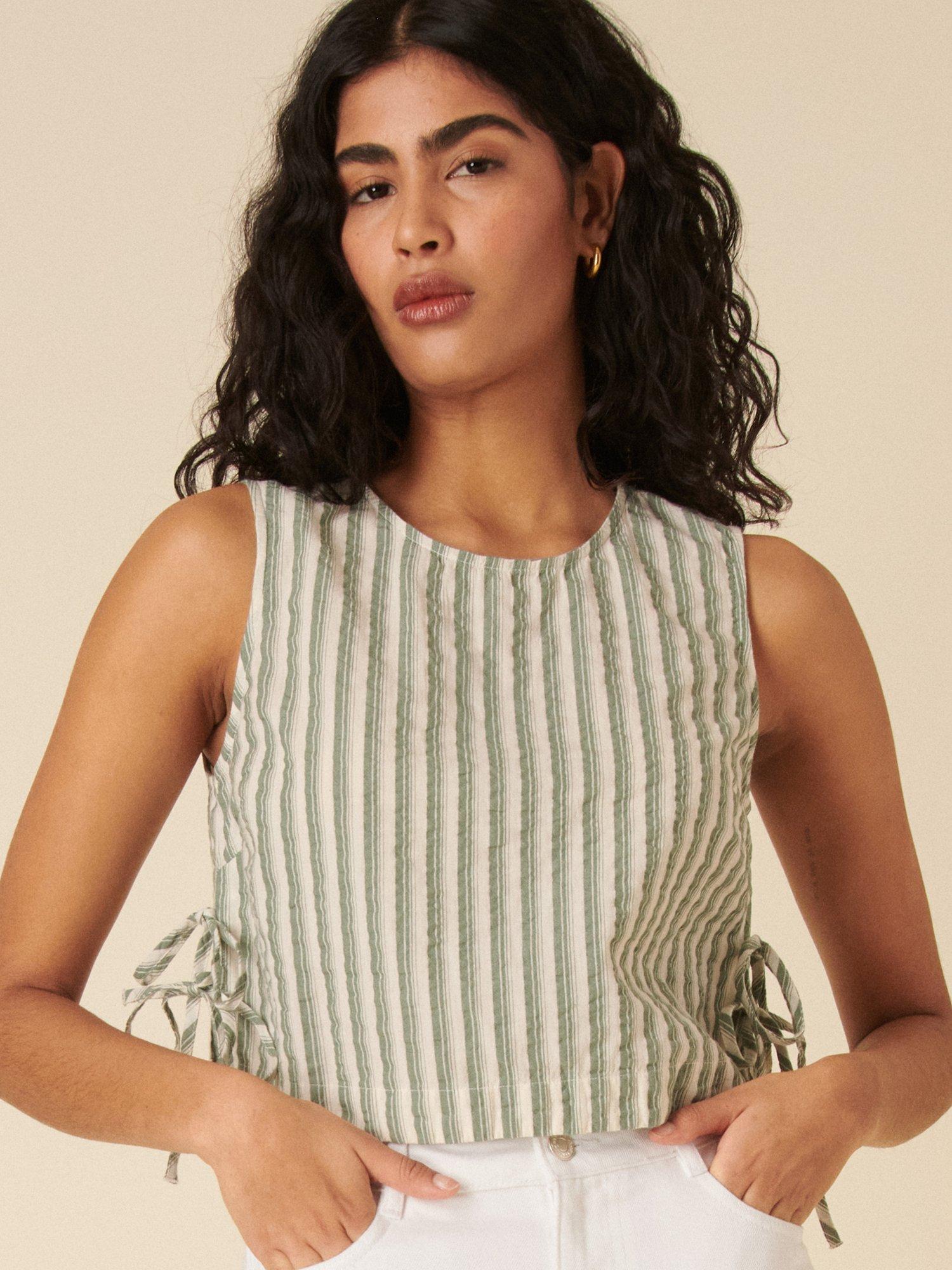 Product image 1 of 4, which shows Nobody's Child Verity Stripe Tie Side Pure Organic Cotton Top, Green, 6