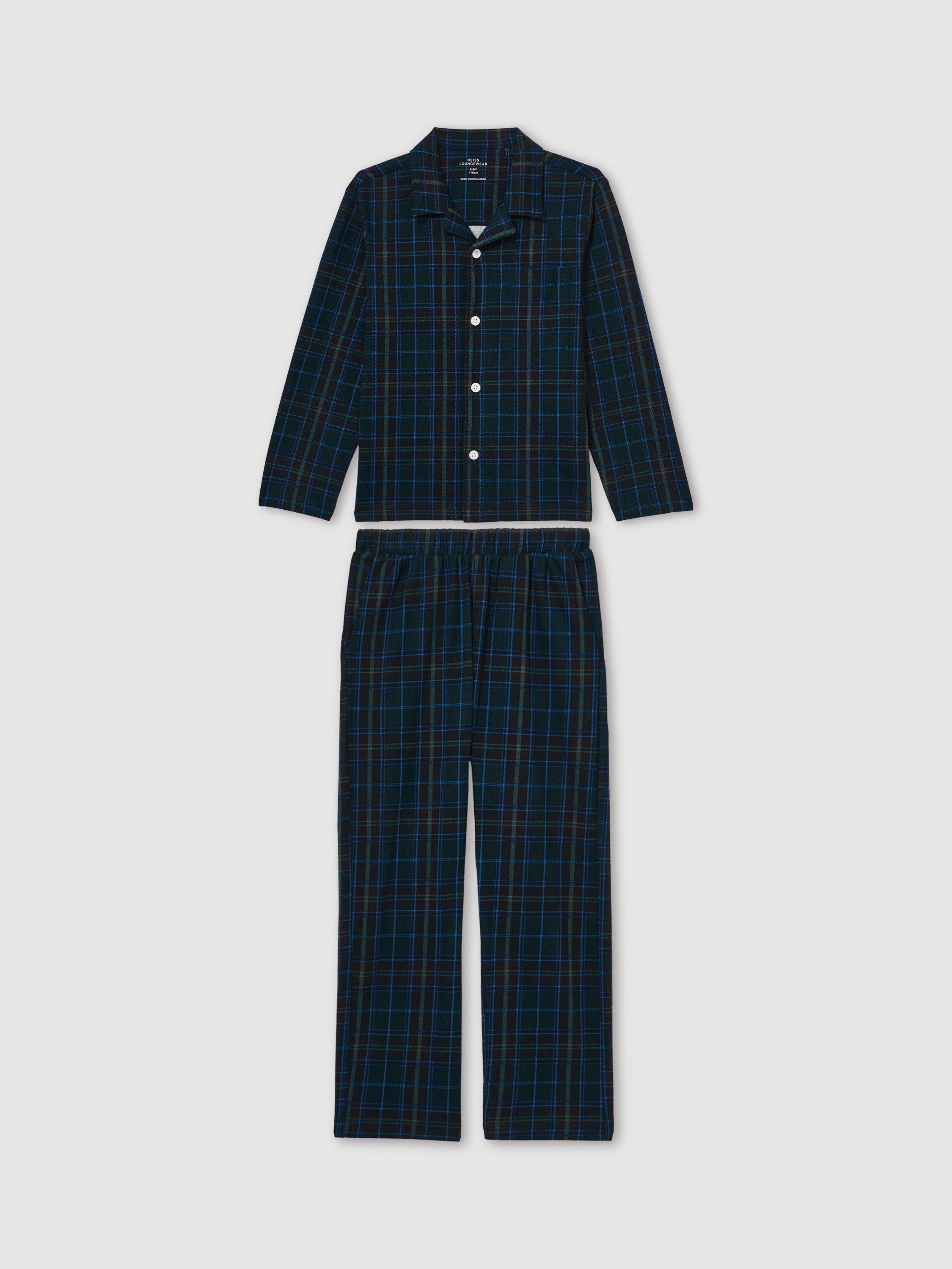 Reiss Kids' Tomba Check Cotton Pyjamas, Green/Navy/White
