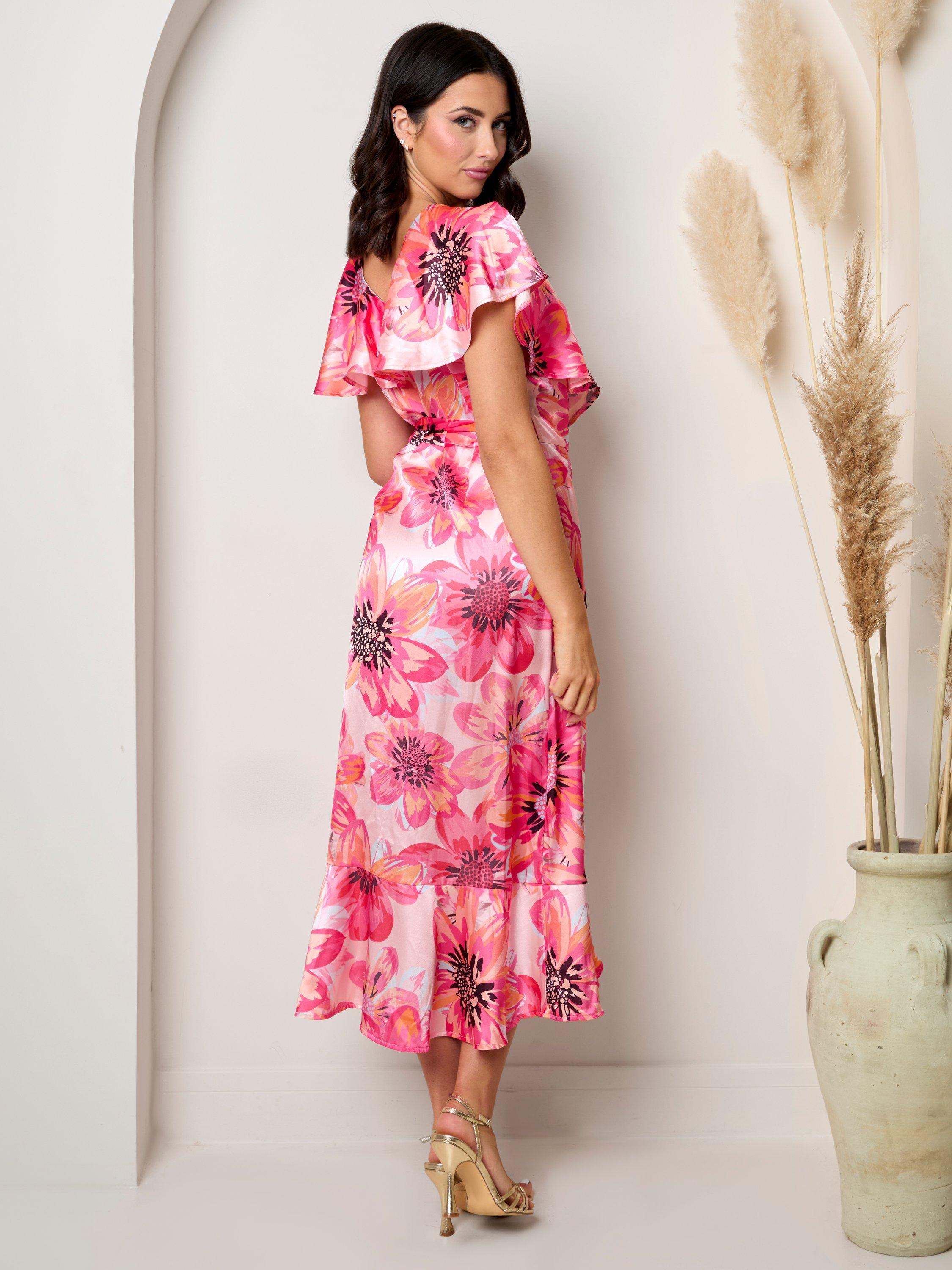 Product image 3 of 3, which shows Chi Chi London Floral Wrap Midi Dress, Pink/Multi, 18