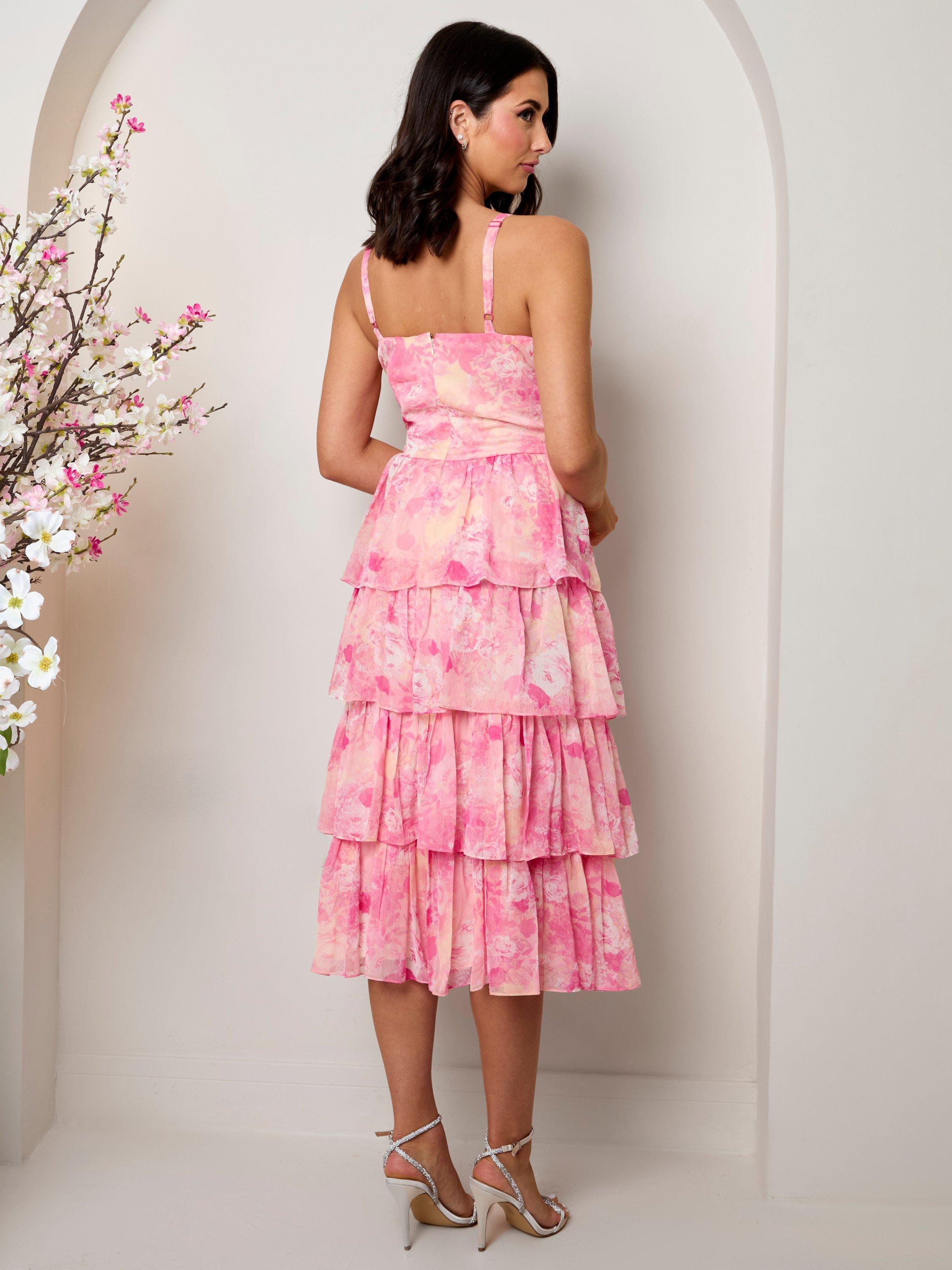 Product image 3 of 3, which shows Chi Chi London Floral Tiered Dress, Pink, 6