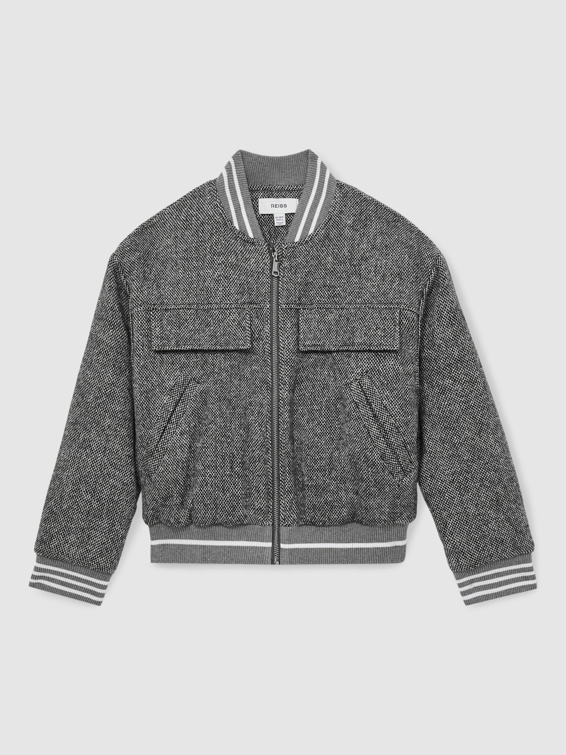 Product image 1 of 4, which shows Reiss Kids' Tahlia Herringbone Wool Blend Bomber Jacket, Grey, 4-5 years