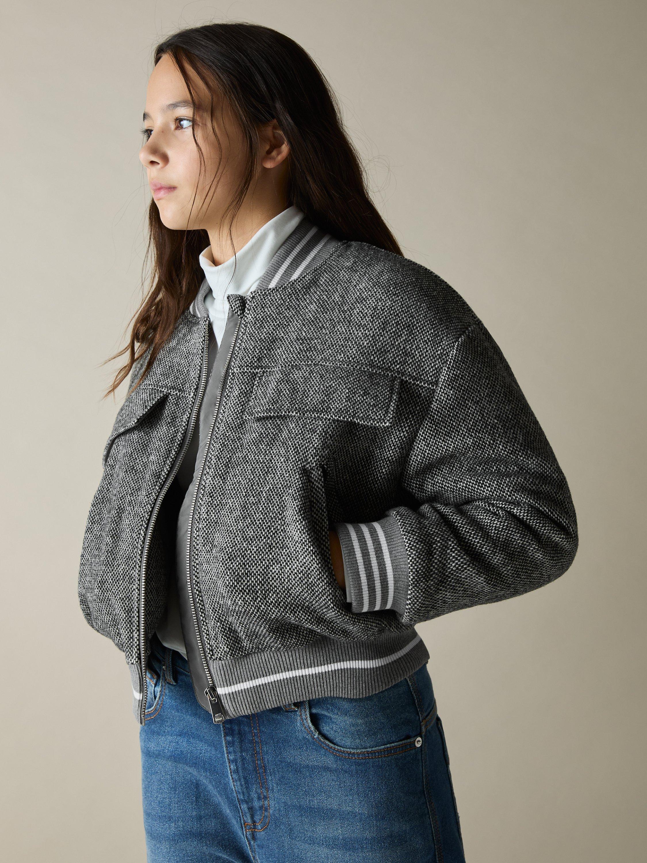 Product image 2 of 4, which shows Reiss Kids' Tahlia Herringbone Wool Blend Bomber Jacket, Grey, 4-5 years