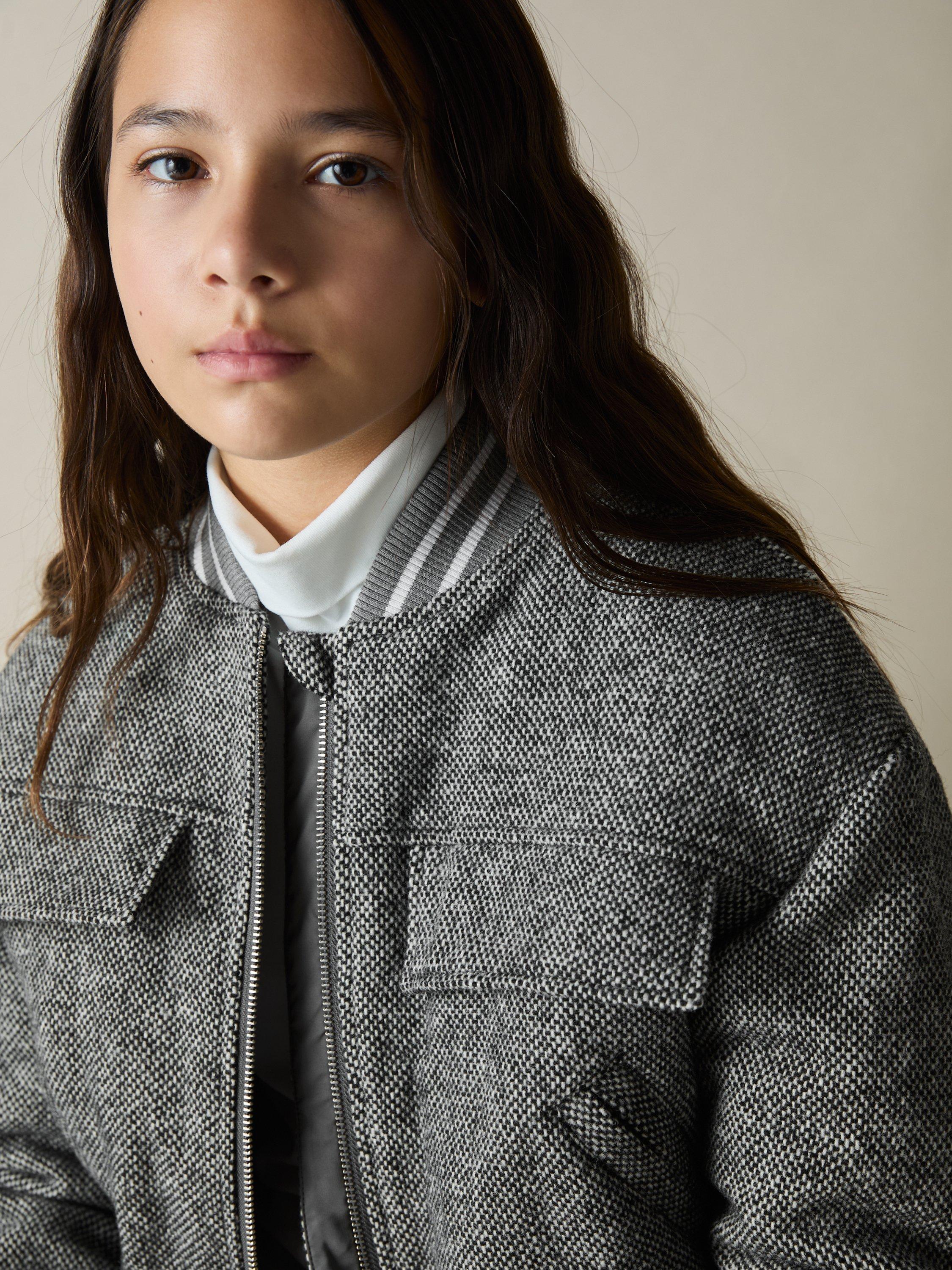 Product image 3 of 4, which shows Reiss Kids' Tahlia Herringbone Wool Blend Bomber Jacket, Grey, 4-5 years