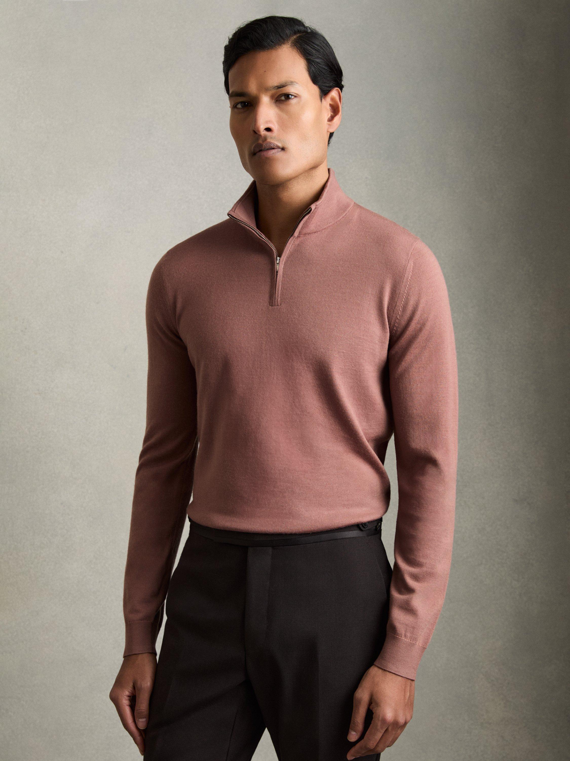 Reiss Blackhall Wool Half Zip Jumper, Pink
