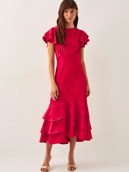 Monsoon Ester Satin Ruffle Midi Dress, Mid Red, Mid Red