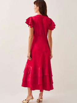 Monsoon Ester Satin Ruffle Midi Dress, Mid Red - view 2, Mid Red