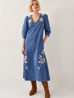 Monsoon Fallon Embroidered Denim Dress, Blue, Blue