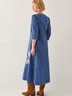 Monsoon Fallon Embroidered Denim Dress, Blue - view 2, Blue
