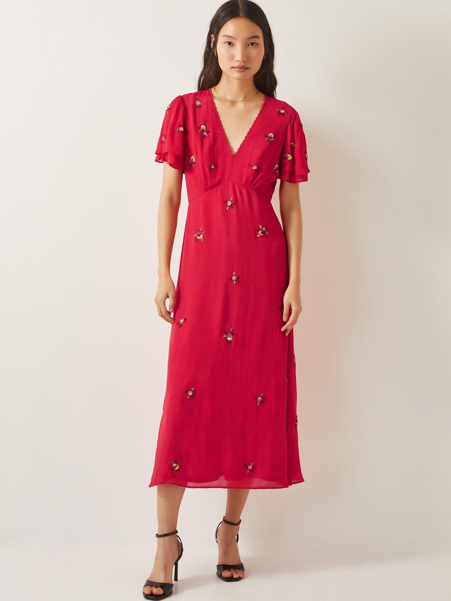Product image 1 of 4, which shows Monsoon Gia Embellished Tea Dress, Red, 8