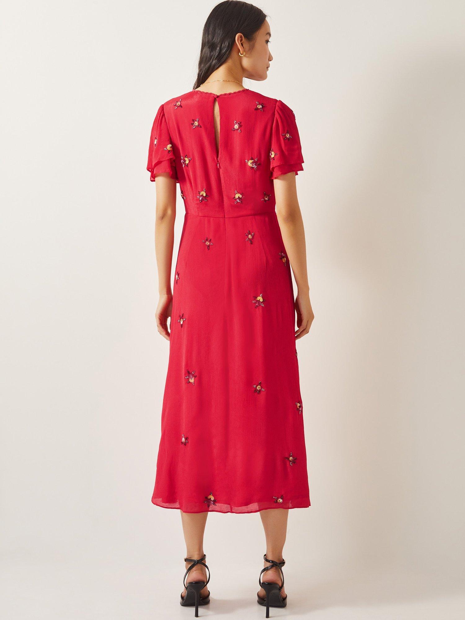 Product image 2 of 4, which shows Monsoon Gia Embellished Tea Dress, Red, 8