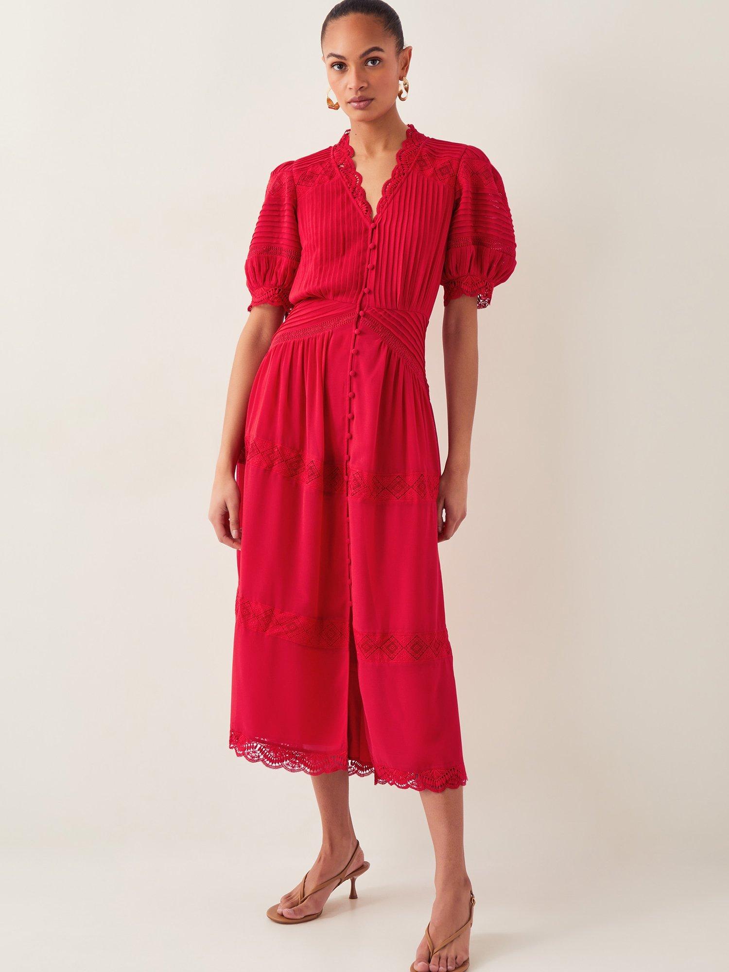 Product image 1 of 4, which shows Monsoon Kiana Pintuck Maxi Dress, Mid Red, 8