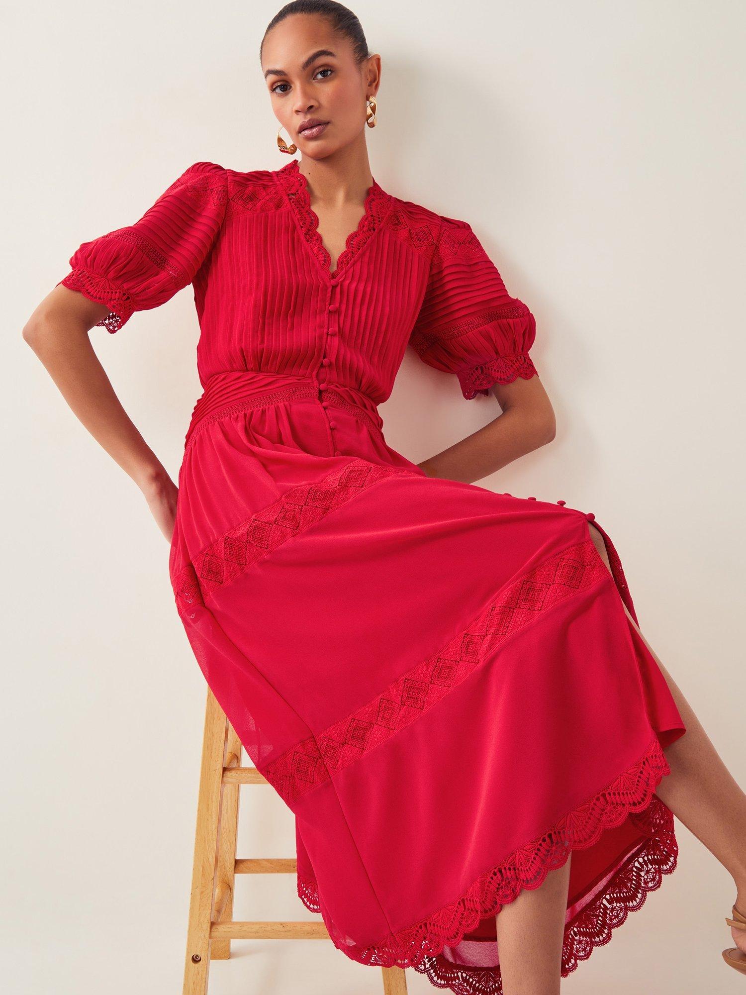 Product image 4 of 4, which shows Monsoon Kiana Pintuck Maxi Dress, Mid Red, 8