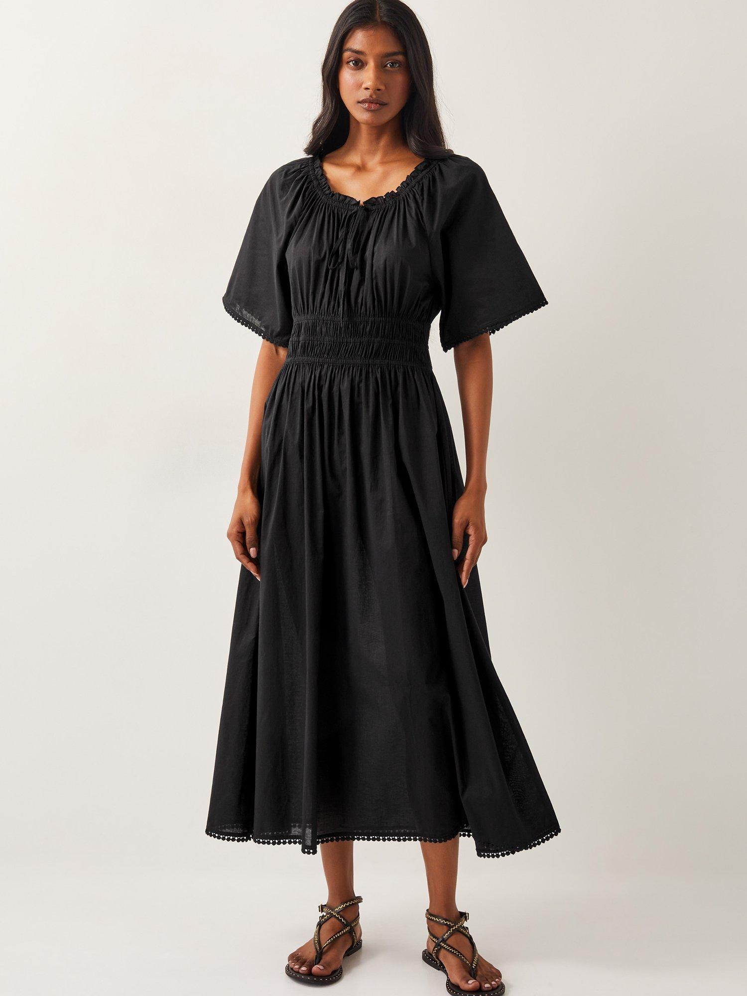 Product image 1 of 5, which shows Monsoon Nora Pom Pom Trim Midi Dress, Black, S