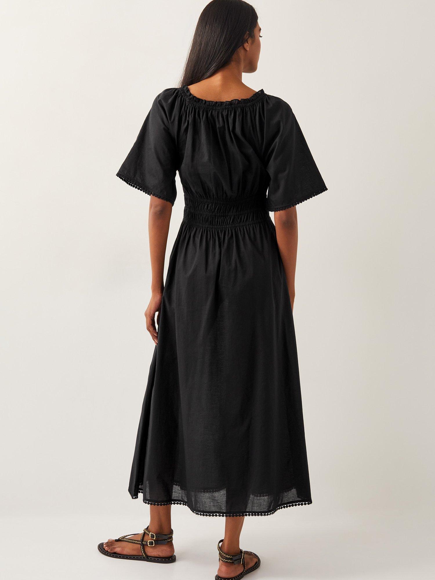 Product image 2 of 5, which shows Monsoon Nora Pom Pom Trim Midi Dress, Black, S