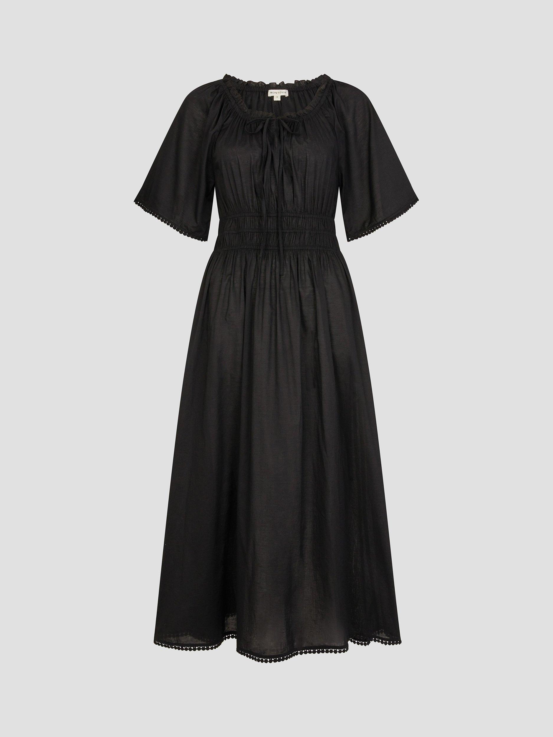 Product image 3 of 5, which shows Monsoon Nora Pom Pom Trim Midi Dress, Black, S