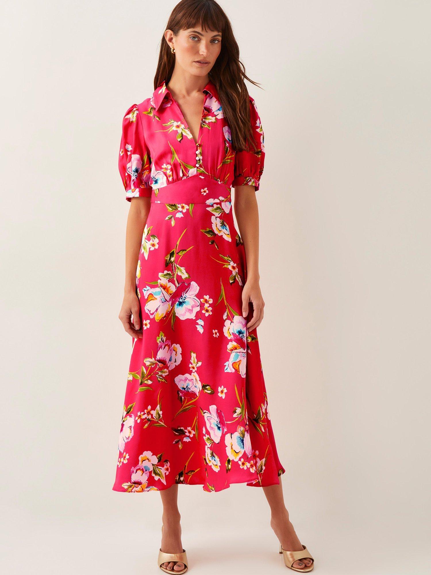 Product image 1 of 4, which shows Monsoon Meredith Floral Shirt Dress, Mid Red, 10