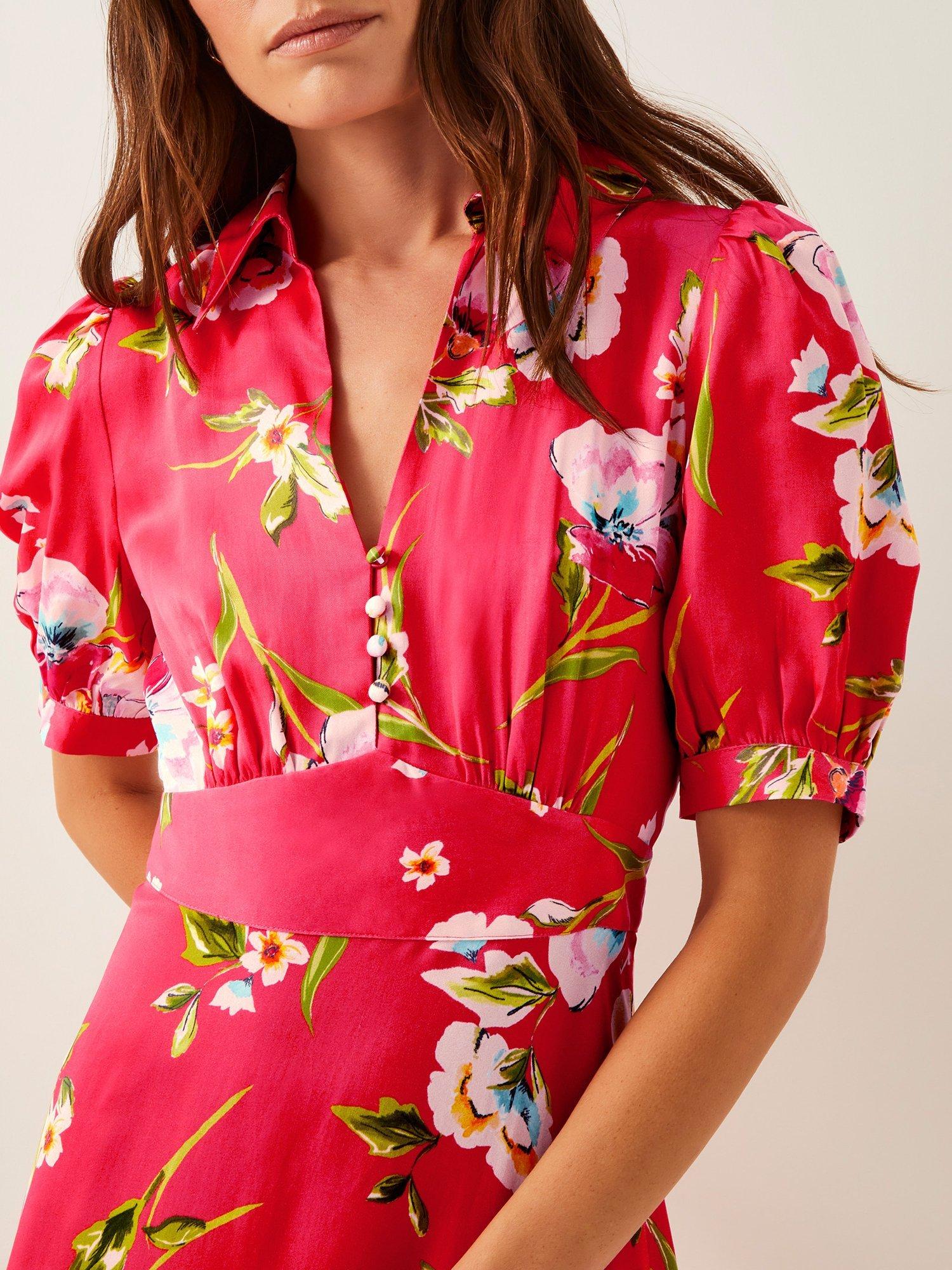 Product image 4 of 4, which shows Monsoon Meredith Floral Shirt Dress, Mid Red, 10