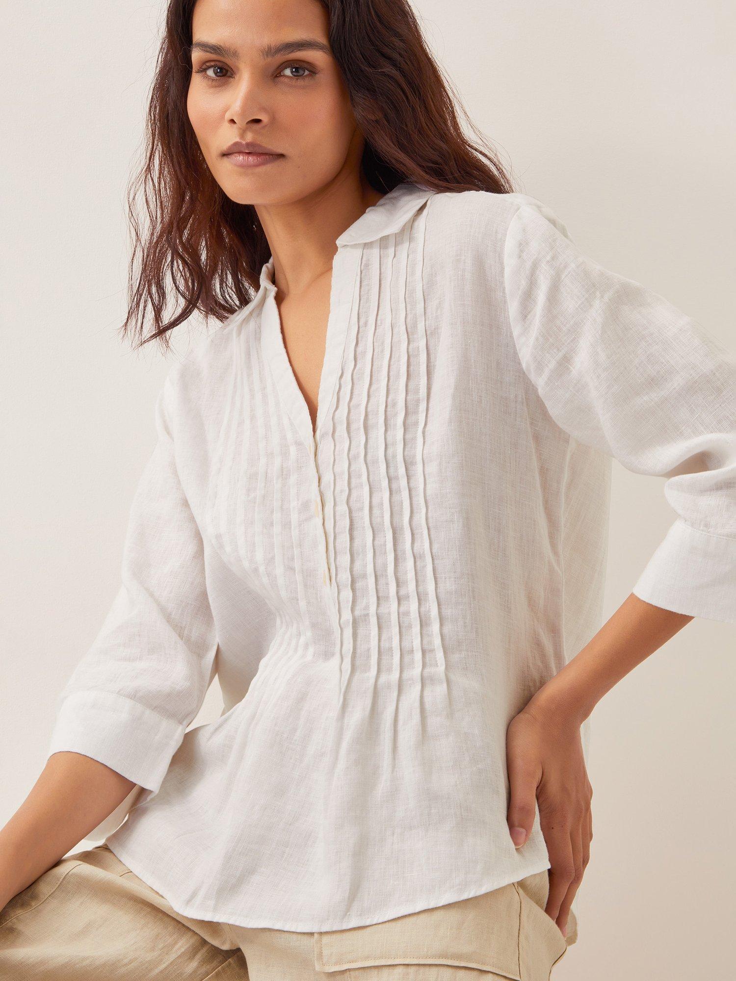 Product image 1 of 5, which shows Monsoon Elsie Pintuck Pure Linen Blouse, White, S
