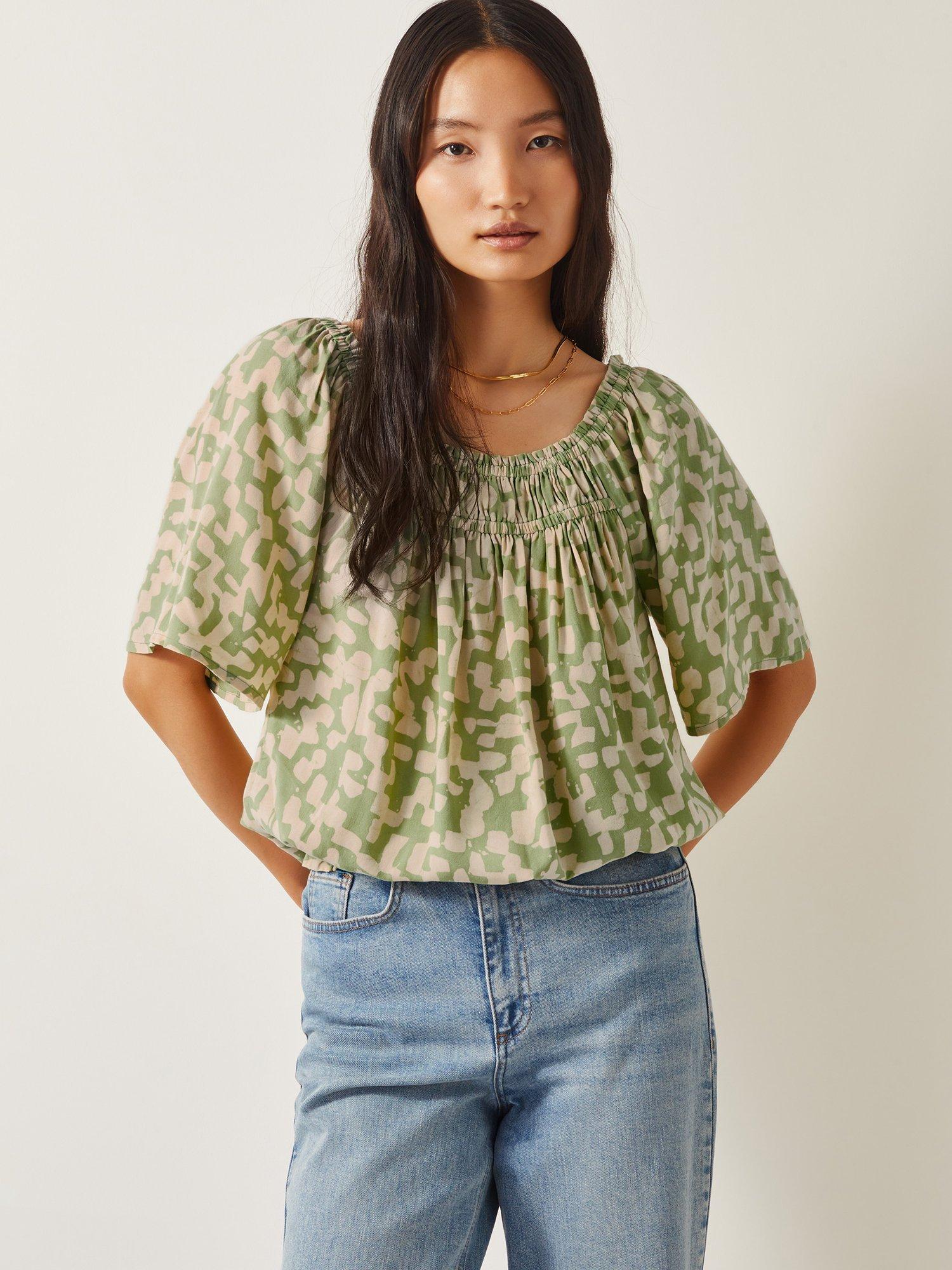 Product image 1 of 5, which shows Monsoon Ania Batik Print Top, Mid Green, S