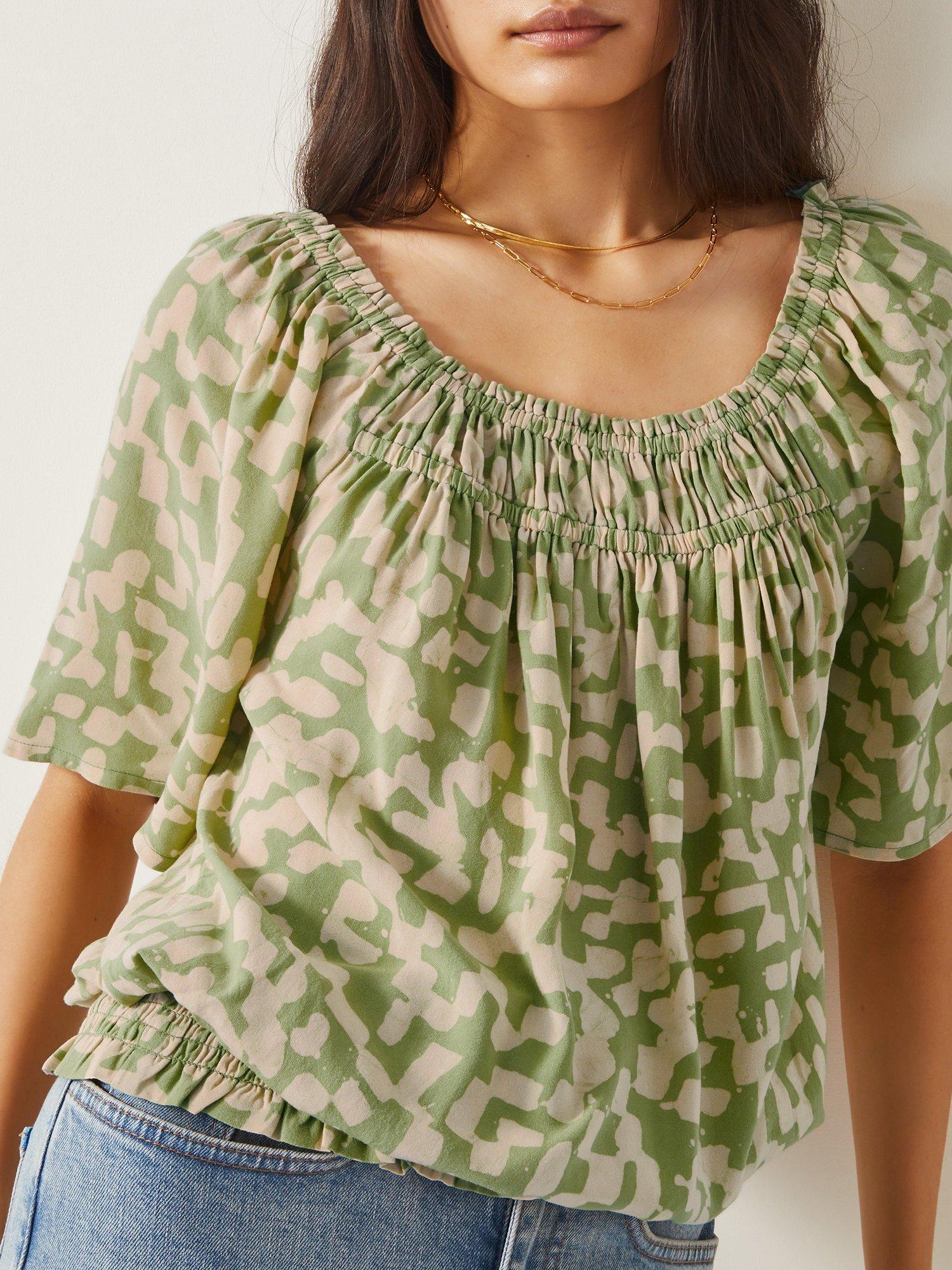 Product image 5 of 5, which shows Monsoon Ania Batik Print Top, Mid Green, S