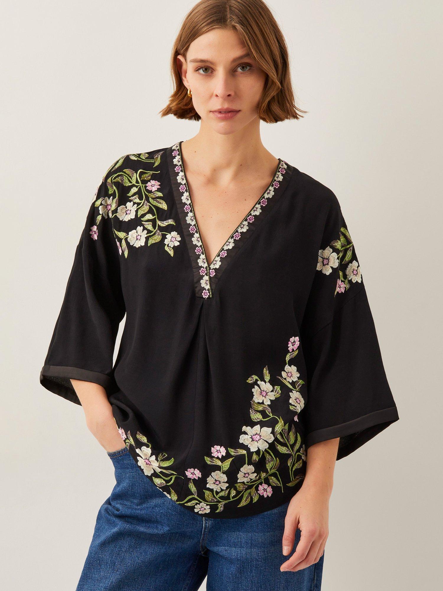 Monsoon Alison Floral Embroidered Top, Black