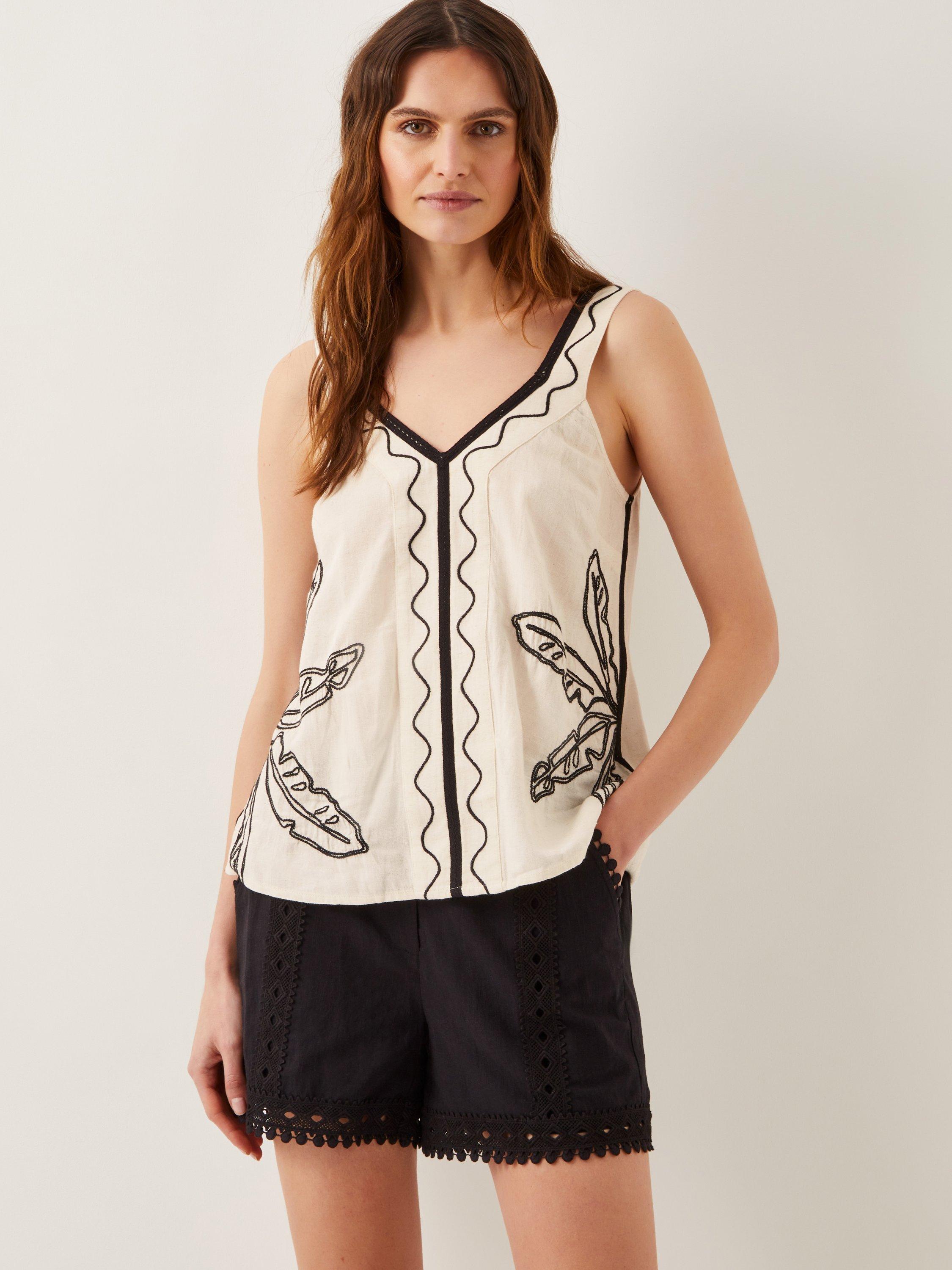 Product image 1 of 5, which shows Monsoon Hope Leaf Embroidered Cami Top, Natural, S