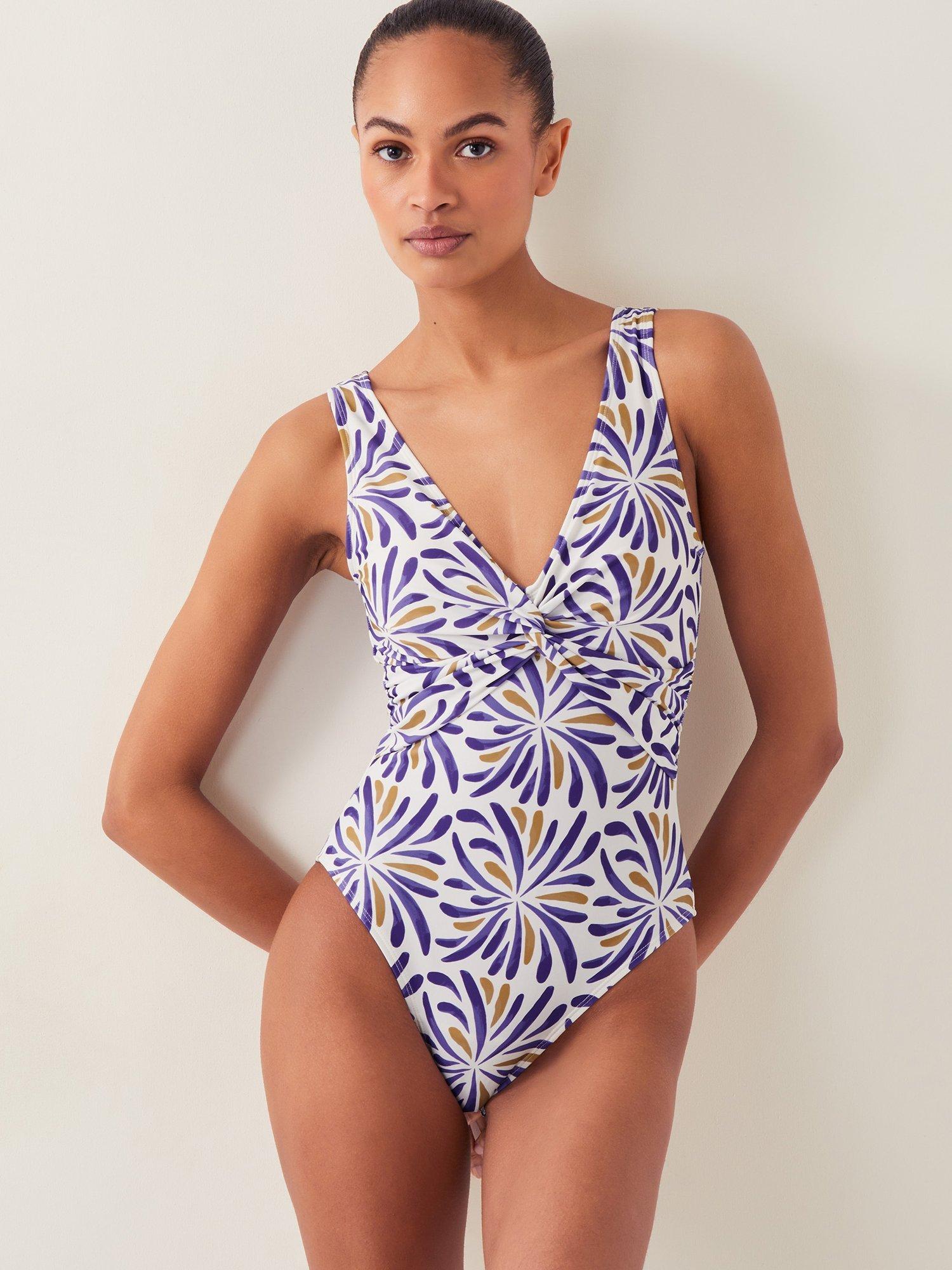Product image 1 of 5, which shows Monsoon Cece Graphic Swimsuit, Blue/Multi, 8