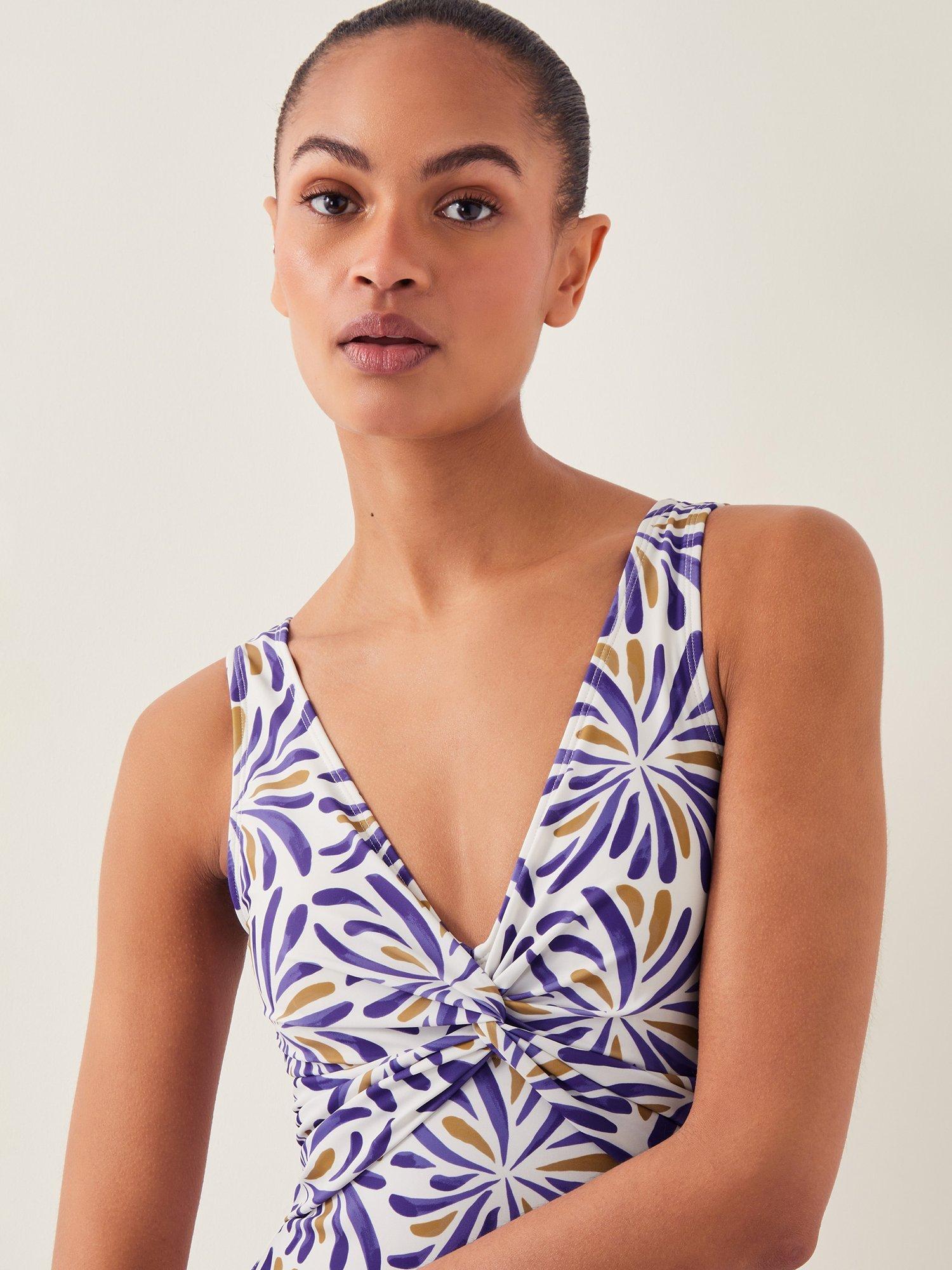 Product image 4 of 5, which shows Monsoon Cece Graphic Swimsuit, Blue/Multi, 8