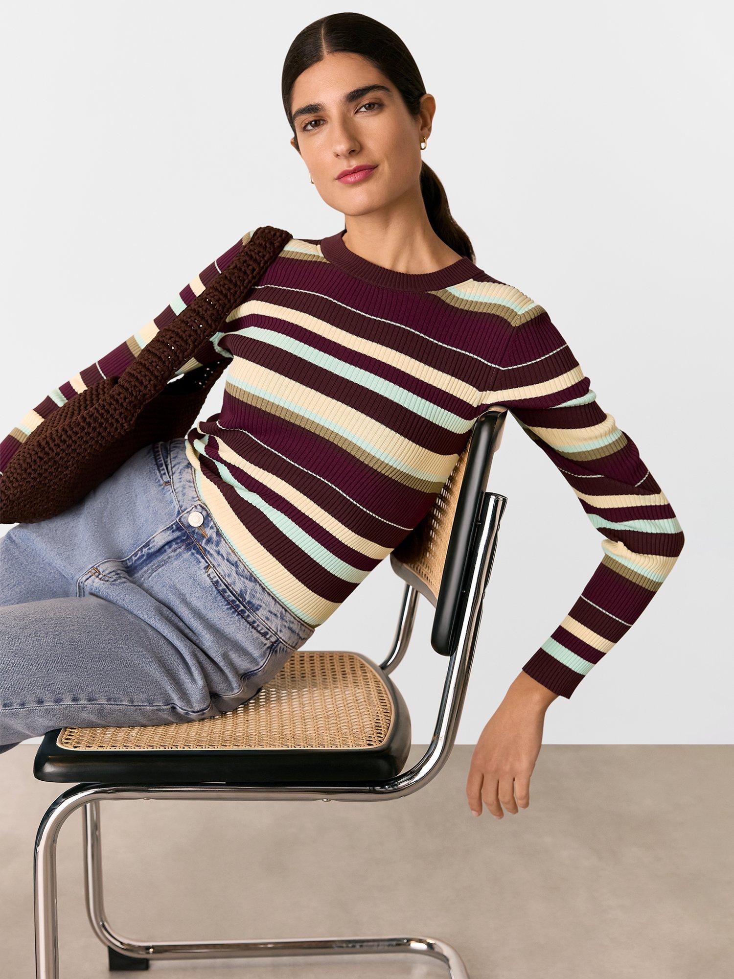 Product image 1 of 5, which shows Whistles Multi Stripe Crew Neck Knit Top, Multi, 16