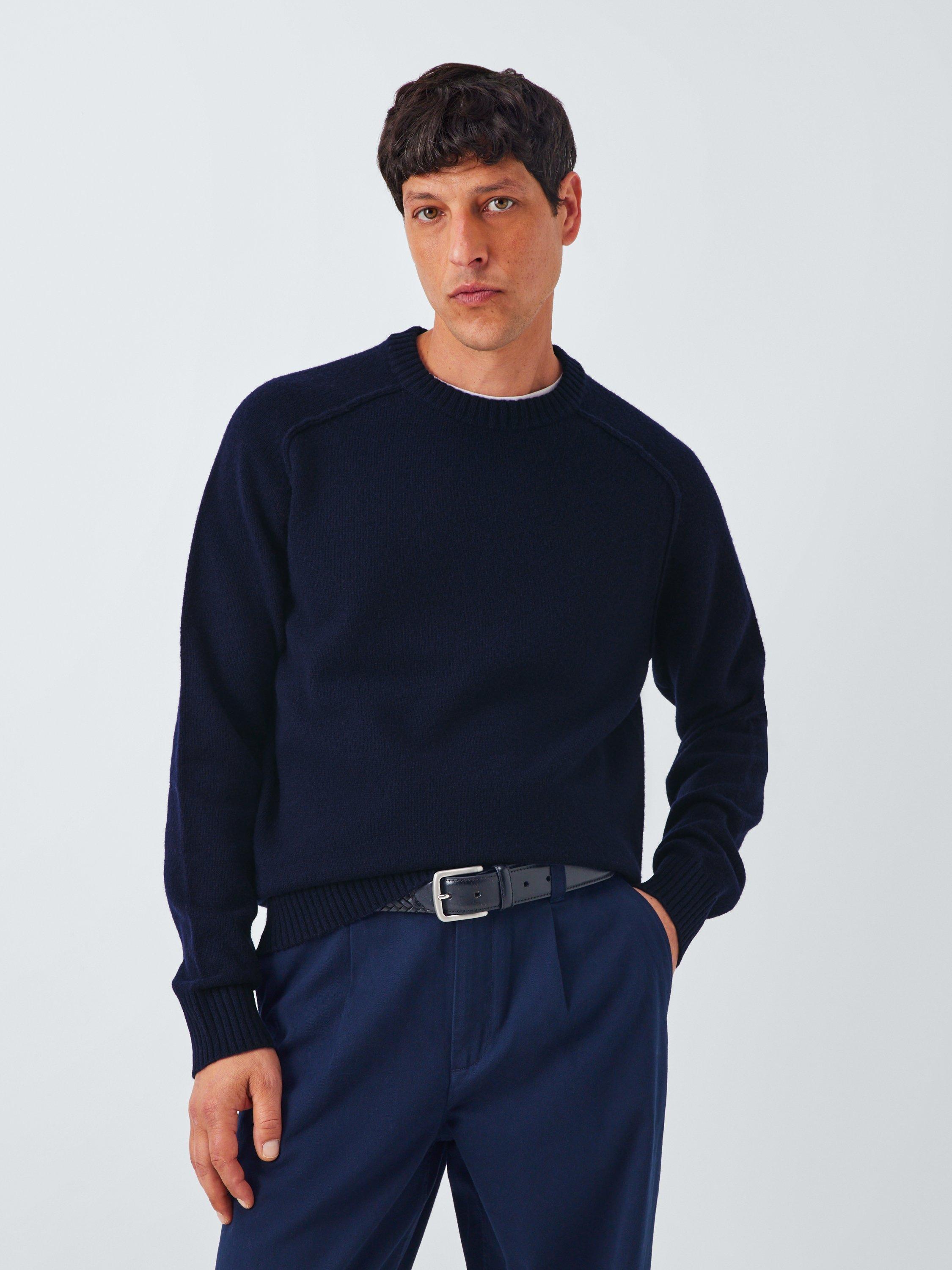 Product image 1 of 6, which shows John Lewis Lambswool Rich Reverse Seam Crew Neck Jumper, Navy, L