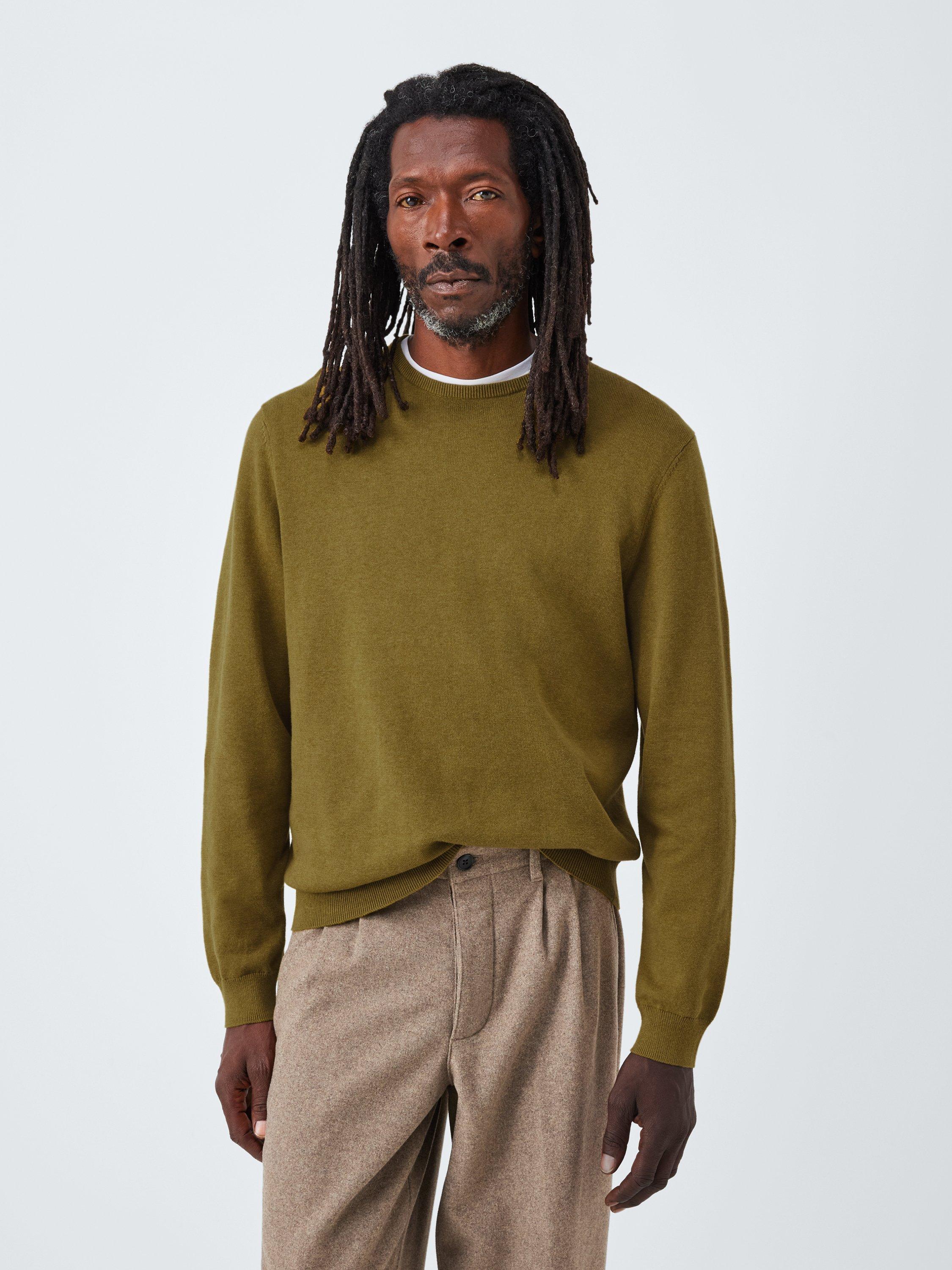 Product image 1 of 6, which shows John Lewis Cotton Knit Crew Neck Jumper, Ecru Olive, S