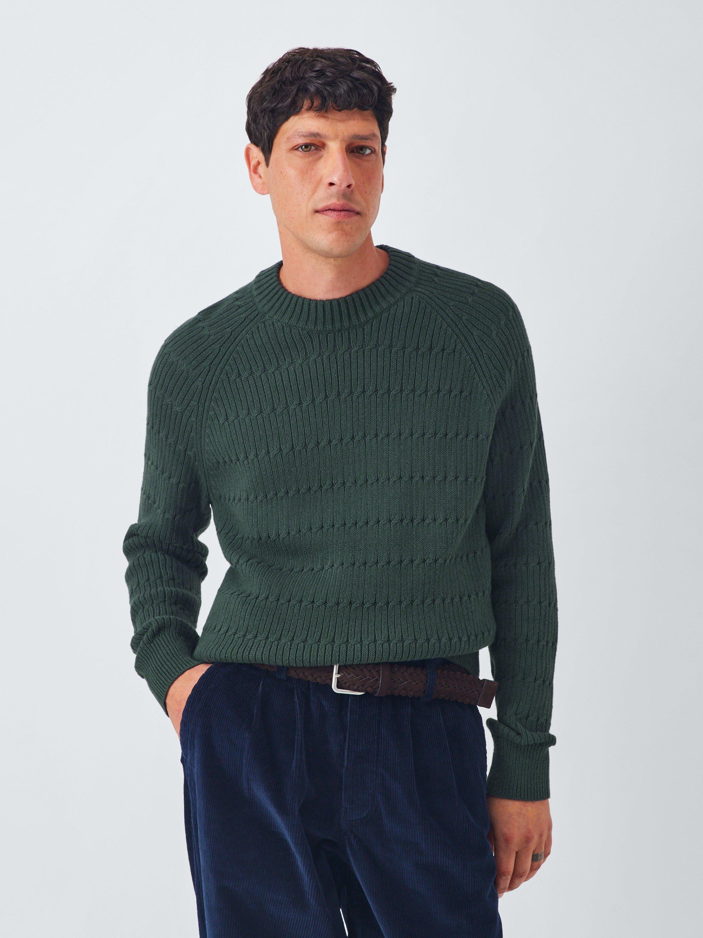 Product image 1 of 6, which shows John Lewis Cotton Rib Cable Knit Crew Neck Jumper, Darkest Spruce, S