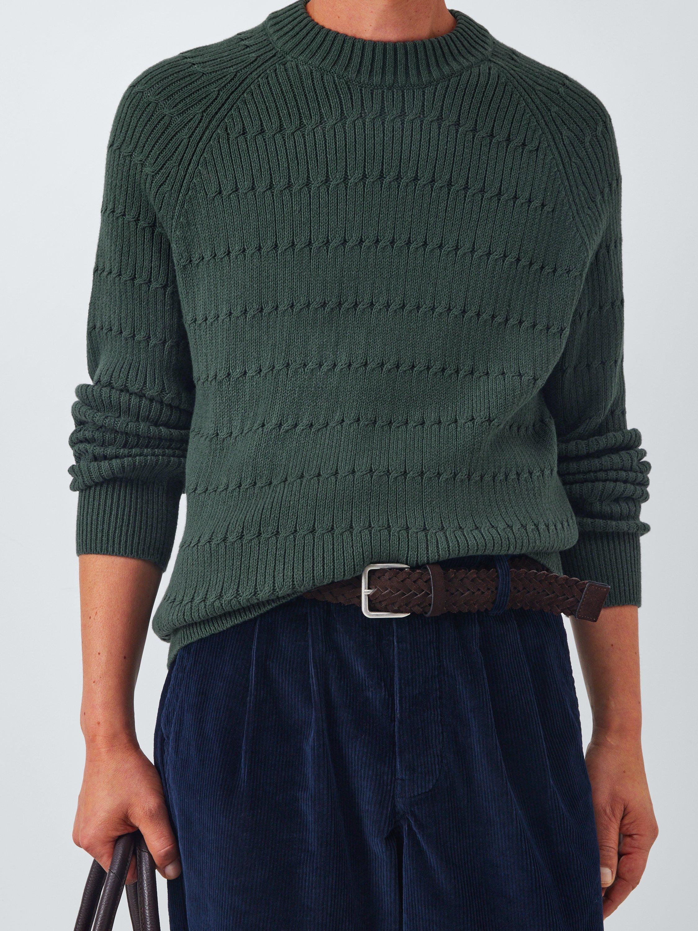 Product image 6 of 6, which shows John Lewis Cotton Rib Cable Knit Crew Neck Jumper, Darkest Spruce, S