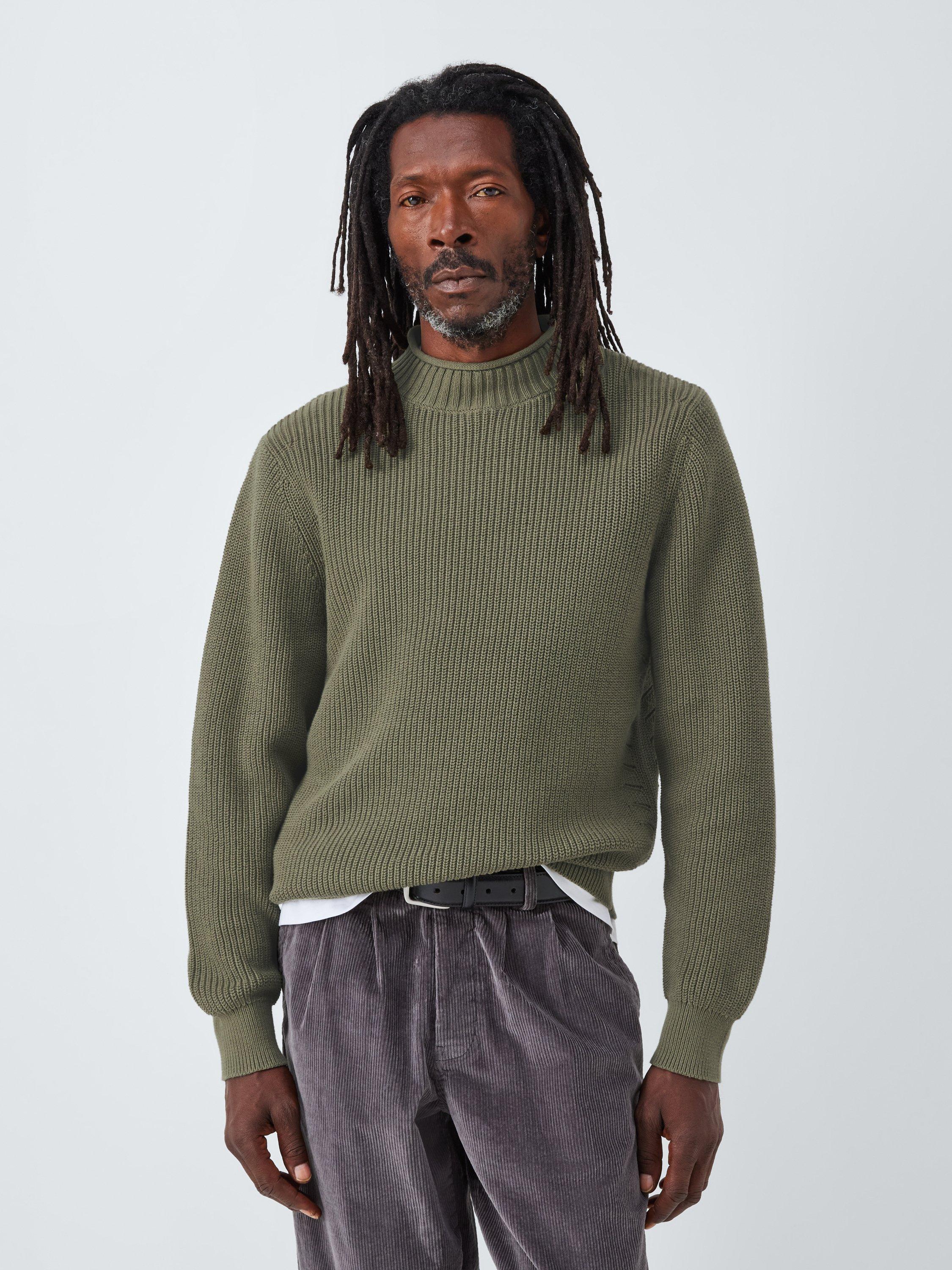 Product image 1 of 6, which shows John Lewis Cotton Rib Knit Pie Collar Jumper, Deep Lichen Green, S