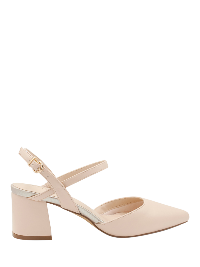 Product image 1 of 6, which shows Paradox London Kendra Mid Block Heel Ankle Strap Pointed Court Shoes, Nude, 3