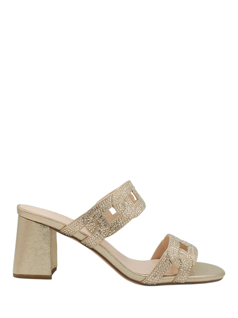 Product image 1 of 7, which shows Paradox London Megaera Diamante Heeled Mule Sandals, Champagne, 3