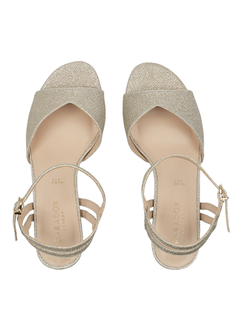 Product image 3 of 5, which shows Paradox London Nova Wide Fit Glitter Heeled Sandals, Champagne, 3