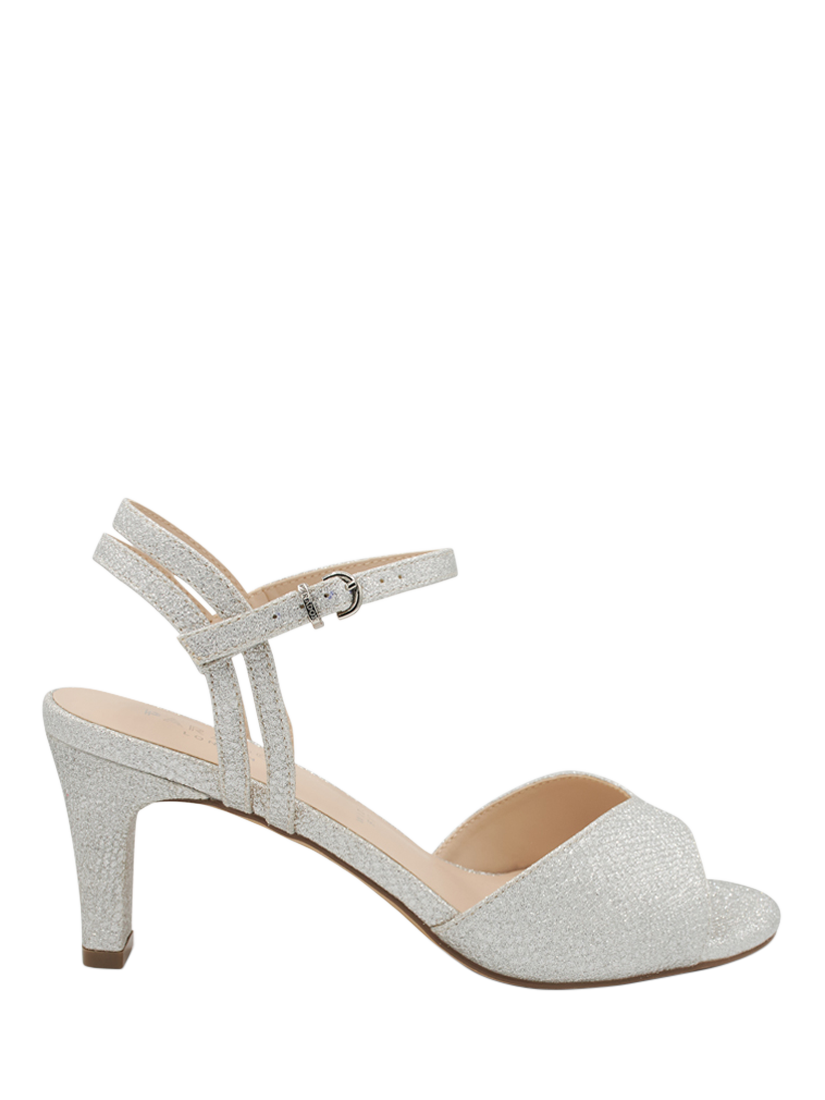 Product image 1 of 6, which shows Paradox London Nova Wide Fit Glitter Heeled Sandals, Silver, 3