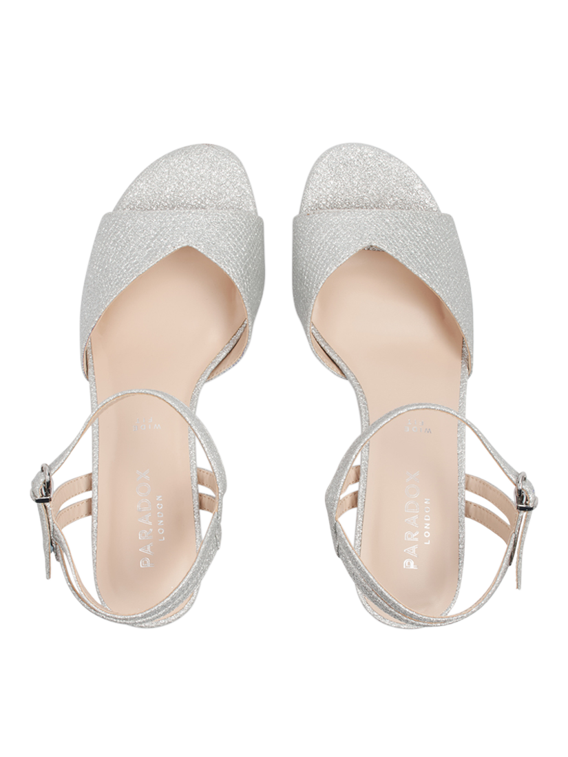 Product image 4 of 6, which shows Paradox London Nova Wide Fit Glitter Heeled Sandals, Silver, 3