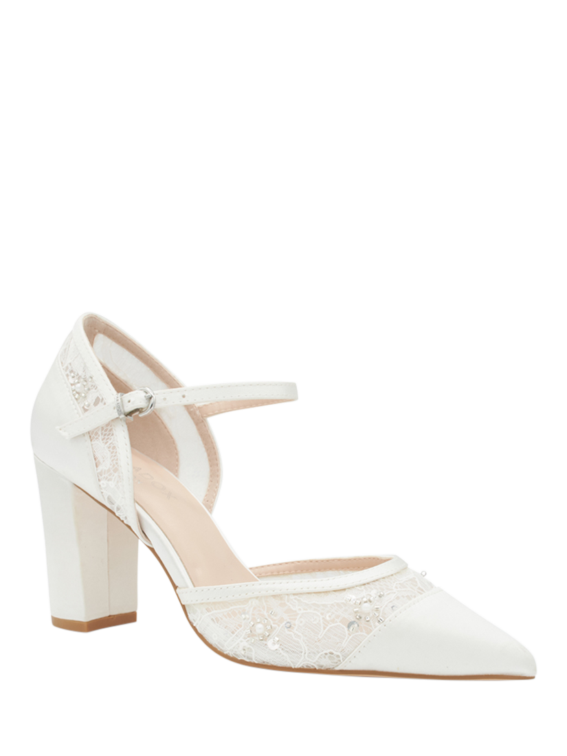 Product image 3 of 7, which shows Paradox London Amalie Lace Embellished Block Heel Wedding Court Shoes, Ivory, 3