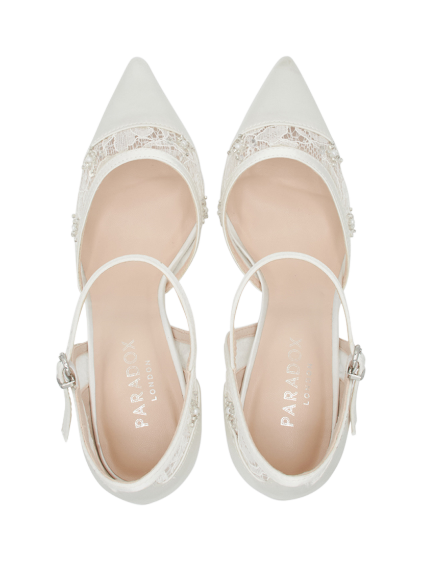 Product image 4 of 7, which shows Paradox London Amalie Lace Embellished Block Heel Wedding Court Shoes, Ivory, 3