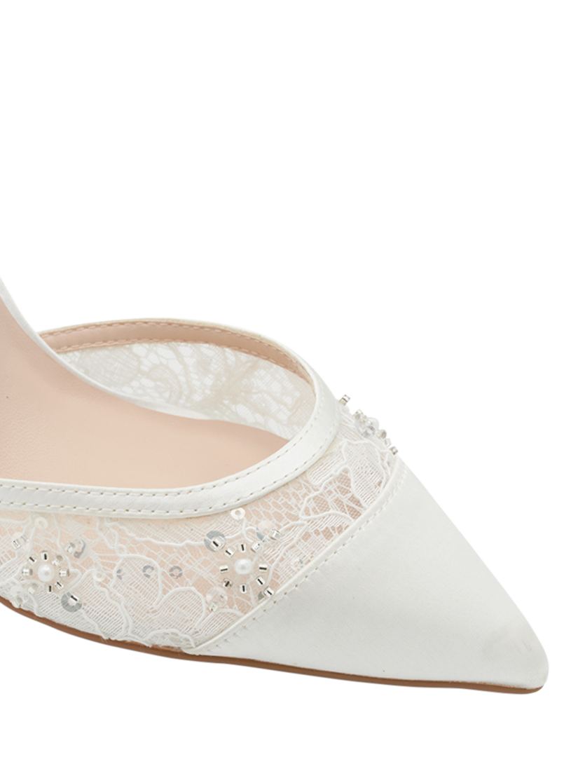 Product image 7 of 7, which shows Paradox London Amalie Lace Embellished Block Heel Wedding Court Shoes, Ivory, 3