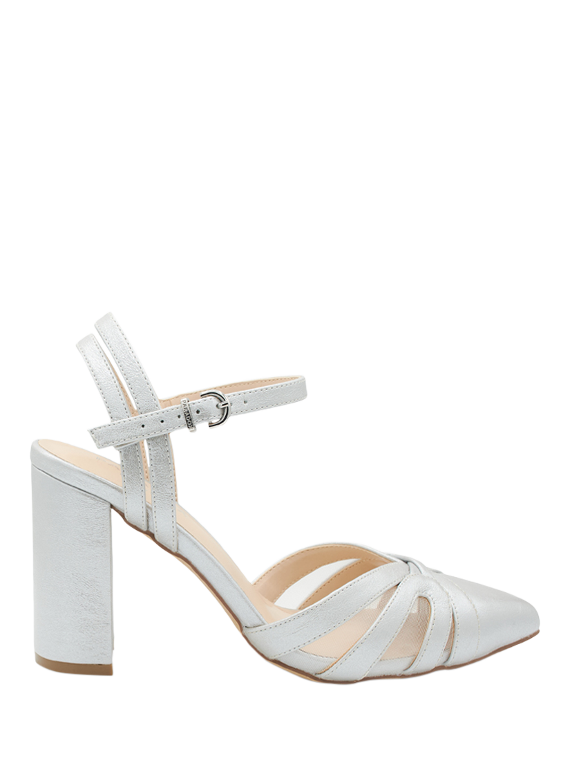 Product image 1 of 6, which shows Paradox London Kimora Mesh Pointed Block Heeled Courts, Silver, 3