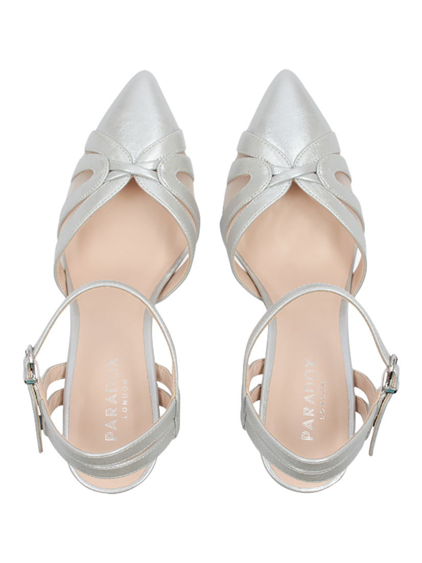 Product image 4 of 6, which shows Paradox London Kimora Mesh Pointed Block Heeled Courts, Silver, 3