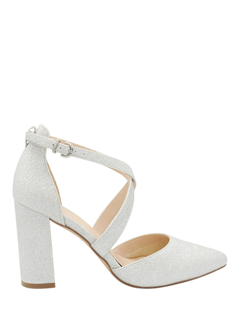 Product image 1 of 6, which shows Paradox London Rylee Glitter Pointed Heeled Courts, Silver, 3