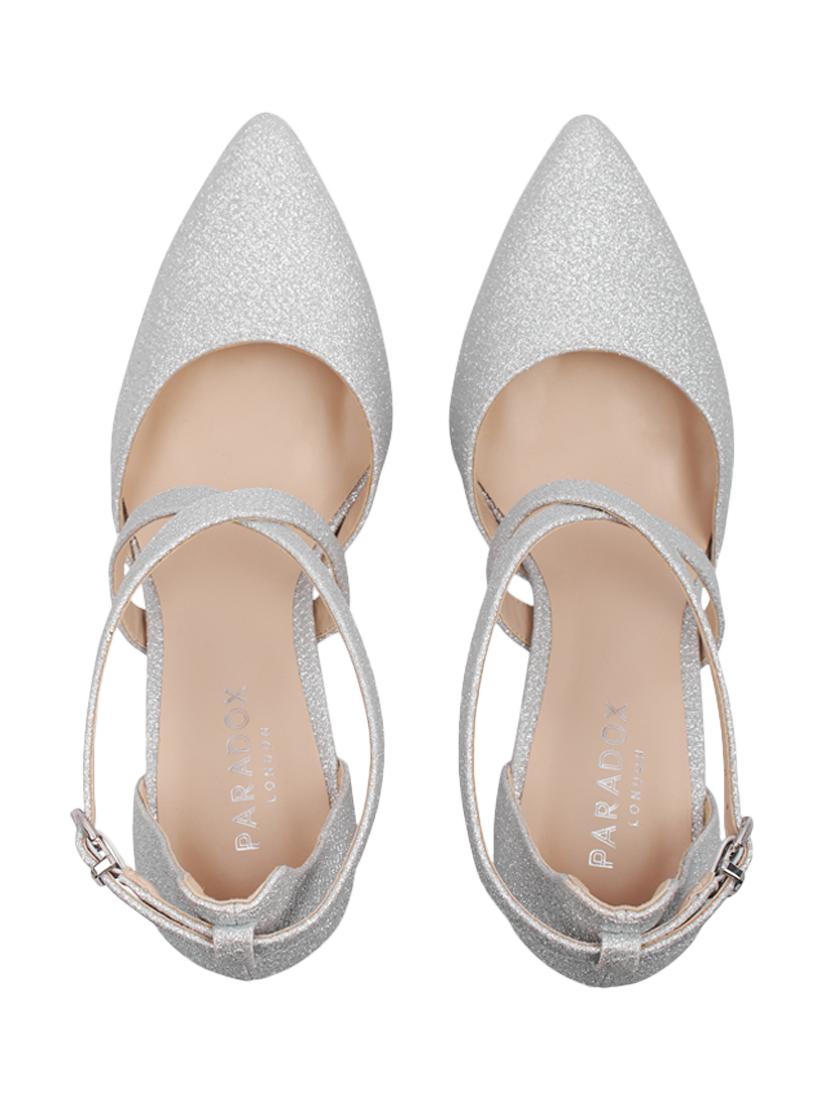 Product image 4 of 6, which shows Paradox London Rylee Glitter Pointed Heeled Courts, Silver, 3