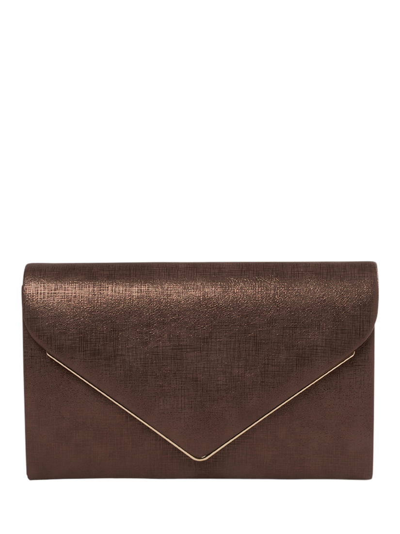 Product image 1 of 4, which shows Paradox London Delyssa Flapover Clutch Bag, Bronze